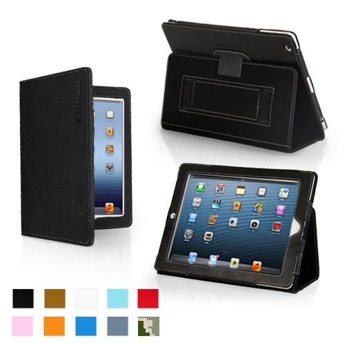 Snugg iPad 4 & iPad 3 Case - Leather Case Cover and Flip Stand with Elastic Hand Strap and Premium Nubuck Fibre Interior (Black) - Automatically Wakes and Puts the iPad 4 & 3 to Sleep.