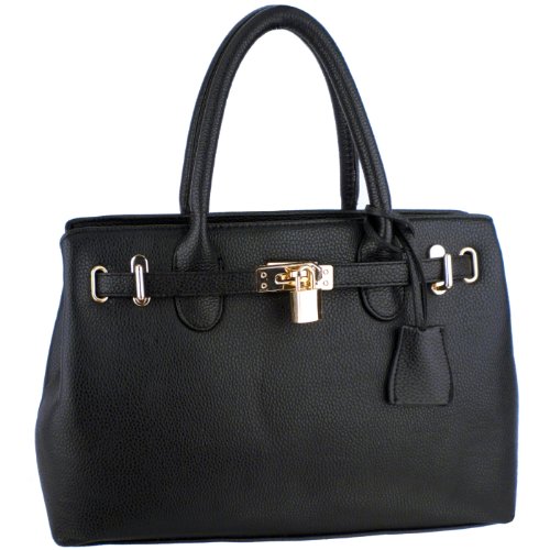 HESSA Black Décor Lock Double Top Handle Zippered Office Tote Bag Satchel Purse Handbag