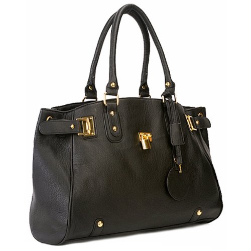 LUCCA Black Glamour Padlock Designer Inspired Shopper Hobo Tote Bag Purse Satchel Handbag w/Shoulder Strap