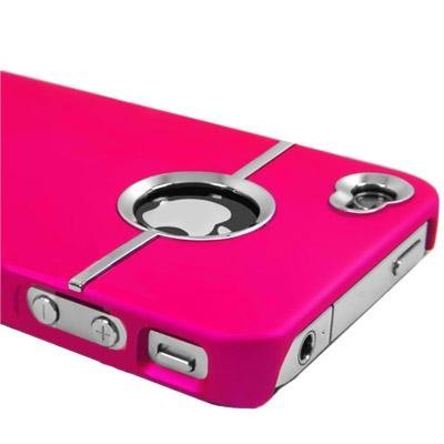 Hot Pink Deluxe W/chrome Rubberized Snap-on Hard Back Cover Case for AT&T Apple Iphone 4 4g