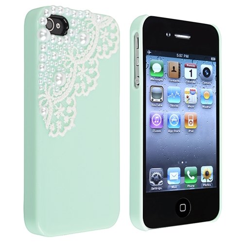 Hand Made Lace and Pearl Green Hard Case Cover for iPhone 4 4G 4S