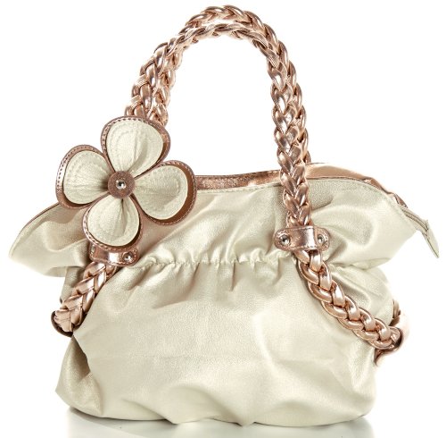 CANDICE Flower Metallic Gold / Copper Soft Leatherette Metallic Weaved Double Handle Shoulder Bag Satchel Hobo Purse Handbag