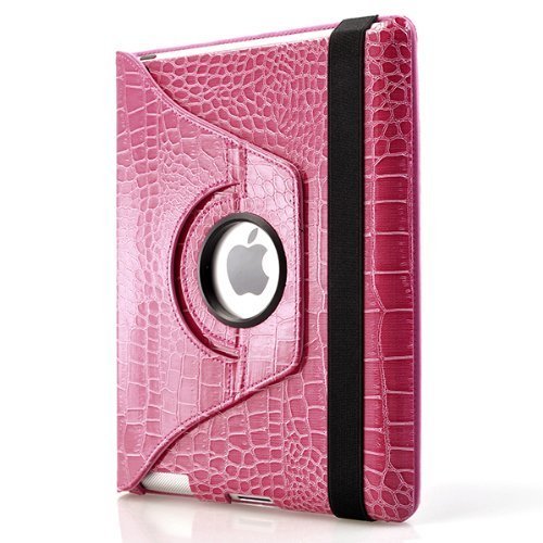 360 Degrees Rotating Stand (Pink Crocodile) Leather Smart Cover Case for Apple iPad 2