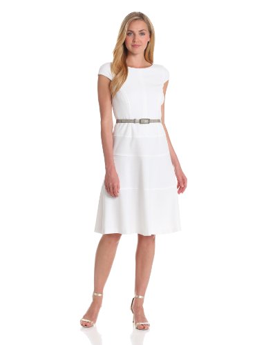 Anne Klein Women's Cap Sleeve Scoopneck Solid Dress, White, 12