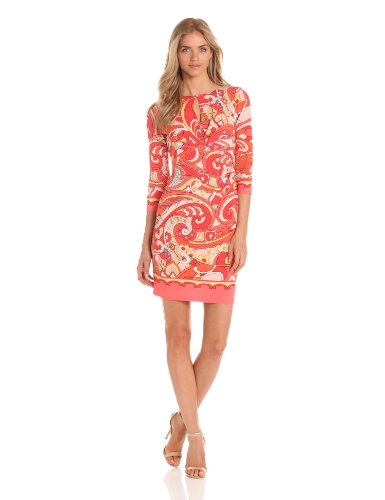 Donna Morgan Women's Asymmetrical Draped Print Dress With Border Detail at Sleeves and Hem, Coral Multi, 2
