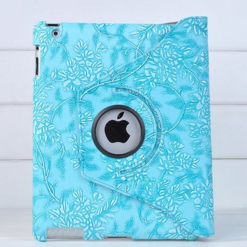 Ctech 360 Degrees Rotating Stand (Blue) Stylish Embossed Flowers Case for iPad 3 / The New iPad (3rd Generation) /iPad 2 with Bonus Stylus, Supports Smart Cover Wake/Sleep Function