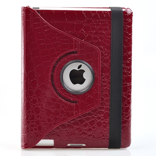 Ctech 360 Degrees Rotating Stand Leather Smart Case for Apple iPad 2 Red Luxury Crocodile Pattern