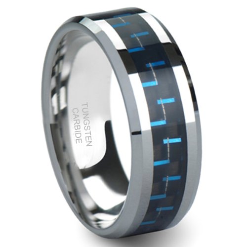 BLUE & BLACK Carbon Fiber Inlay 8MM Men's Tungsten Carbide Ring Sz 7.0