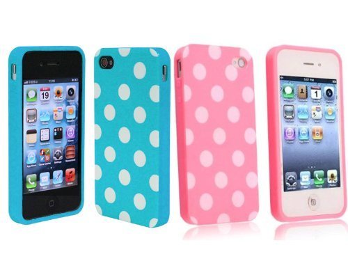 Importer520 2 in 1 Combo Polka Dot Flex Gel Case for Iphone 4 and 4S - Baby Blue and Pink