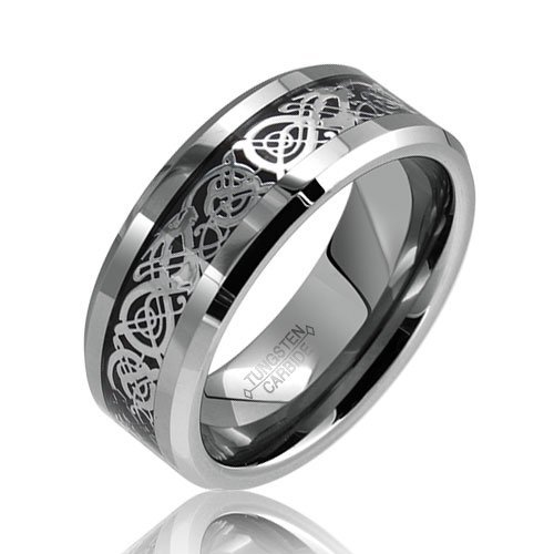 Bling Jewelry Celtic Dragon Comfort Fit Black Inlay Tungsten Mens Wedding Ring