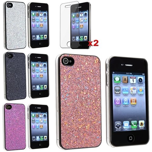eForCity 4 Aic Silver Bling Glitter Hard Case Skin compatible with iPhone® 4 4G Version iPhone® 4S - AT&T, Sprint, Version 16GB 32GB 64GB, with 2 screen protector free