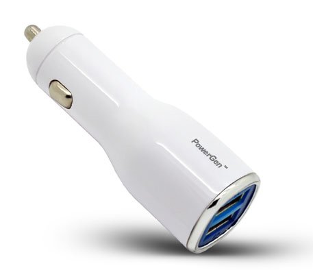 PowerGen 2.4Amps / 12W Dual USB Car charger Designed for Apple and Android Devices - White