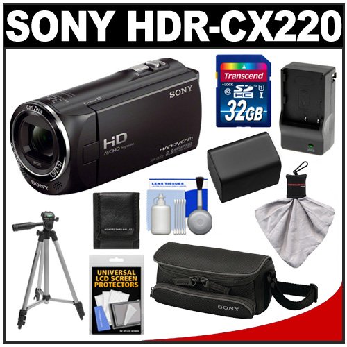 Sony Handycam HDR-CX220 1080p HD Video Camera Camcorder (Black) with 32GB Card + Battery & Charger + Case + Tripod + Accessory Kit