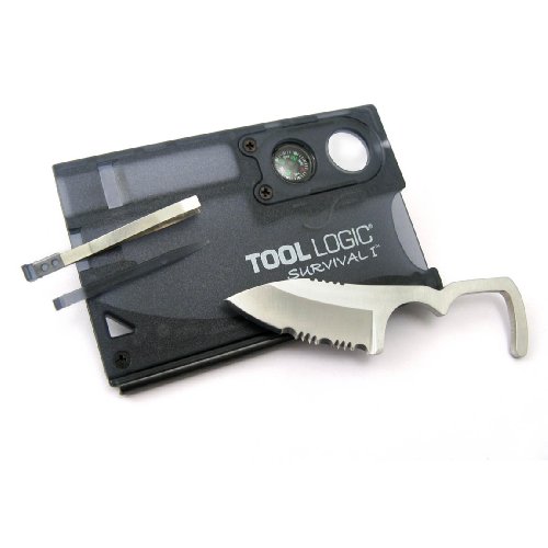 Tool Logic SVC1 Survival Card Tool With 1/2 Serrated Knife, Fire Starter, Whistle, Compass and Lens, Translucent Black