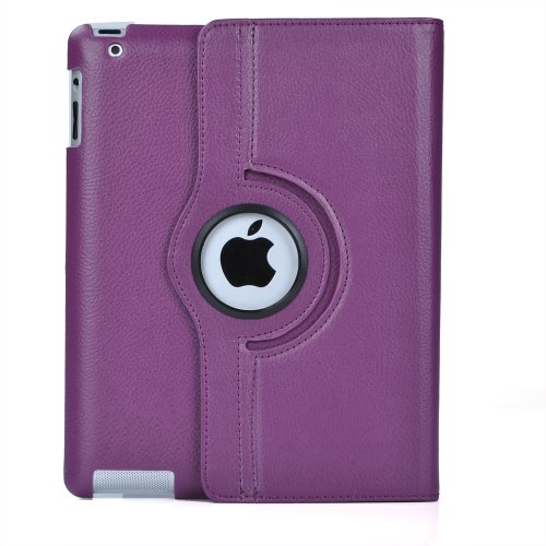 ATC New Purple 360 Degrees Rotating Leather Case Smart Cover with Stand and Sleep/Wake Function for Apple iPad 3, Built-in Magnet