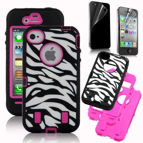 Pandamimi Rose Pink White Zebra Combo Hard Soft High Impact iPhone 4 4S Armor Case Skin Gel with free screen protector
