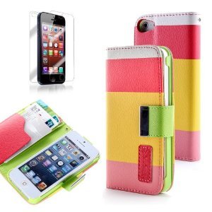 ATC PU Leather Quality Wallet Case for iPhone 5 Horizontal with Credit Card Slots & Holder Leather Case (Sprint, AT&T Verizon and International Carriers)(Red+Yellow+Pink)