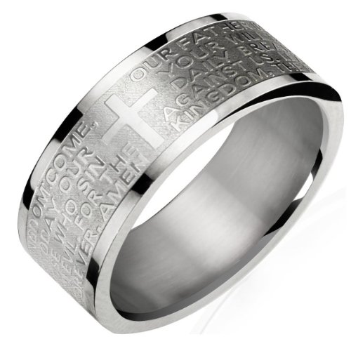 Stainless Steel English Lord's Prayer 8mm Band Ring - Men (Size 10)