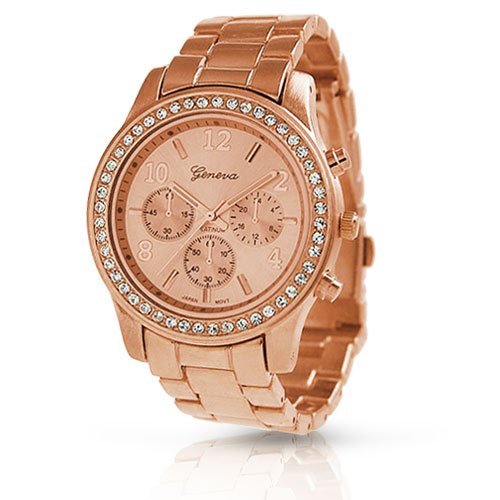 Bling Jewelry Geneva Rose Gold Plated Classic Round CZ Ladies Watch