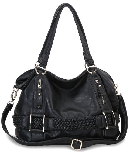 MG Collection Black Weave Pattern Belt Accent Soft Hobo Shoulder Bag