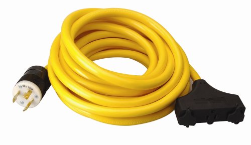 Coleman Cable 01912 25-Feet 10/3 Generator Power Cord with L5-30P Plug and 3-Outlets